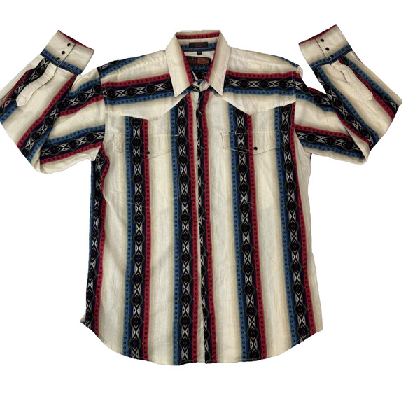 Vintage 90s Canyon Guide Aztec Rodeo Western Black Pearl Snap Shirt Men's Large - Picture 1 of 8